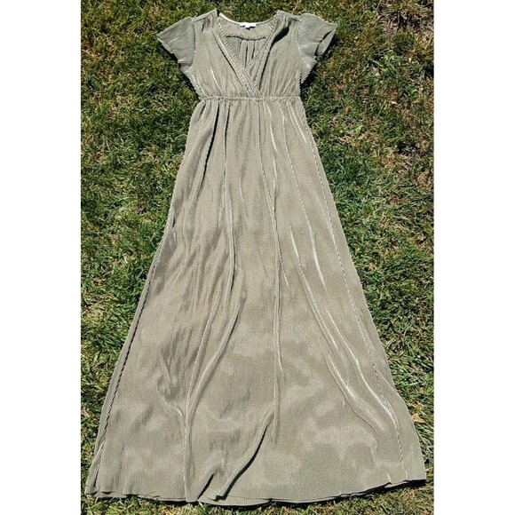 Baltic Born Dresses & Skirts - Baltic Born S Olive Green Metallic Pleated Maxi Dress NWOT Flutter Sleeve Empire